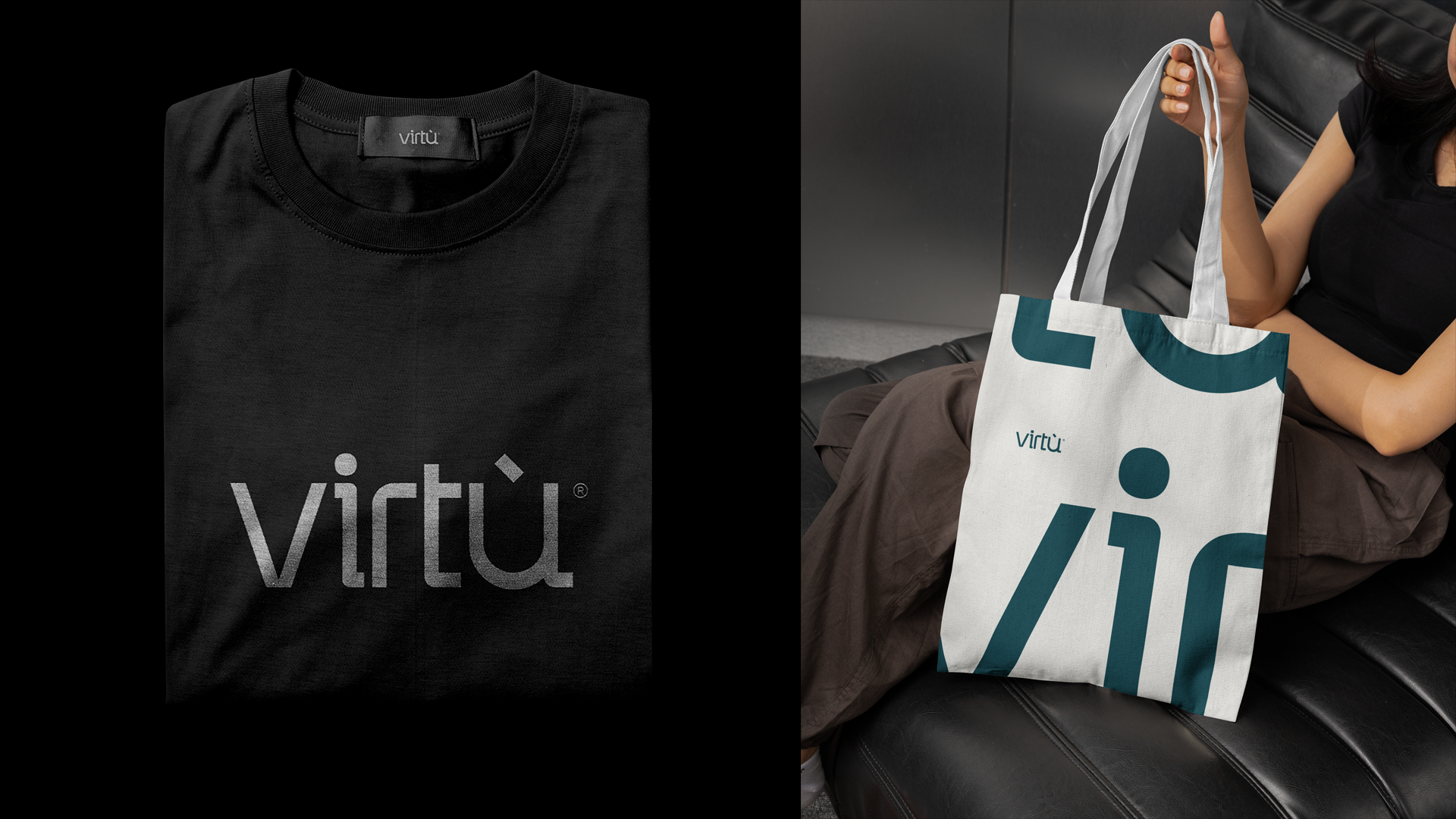 Virtù apparel and tote bag mockups
